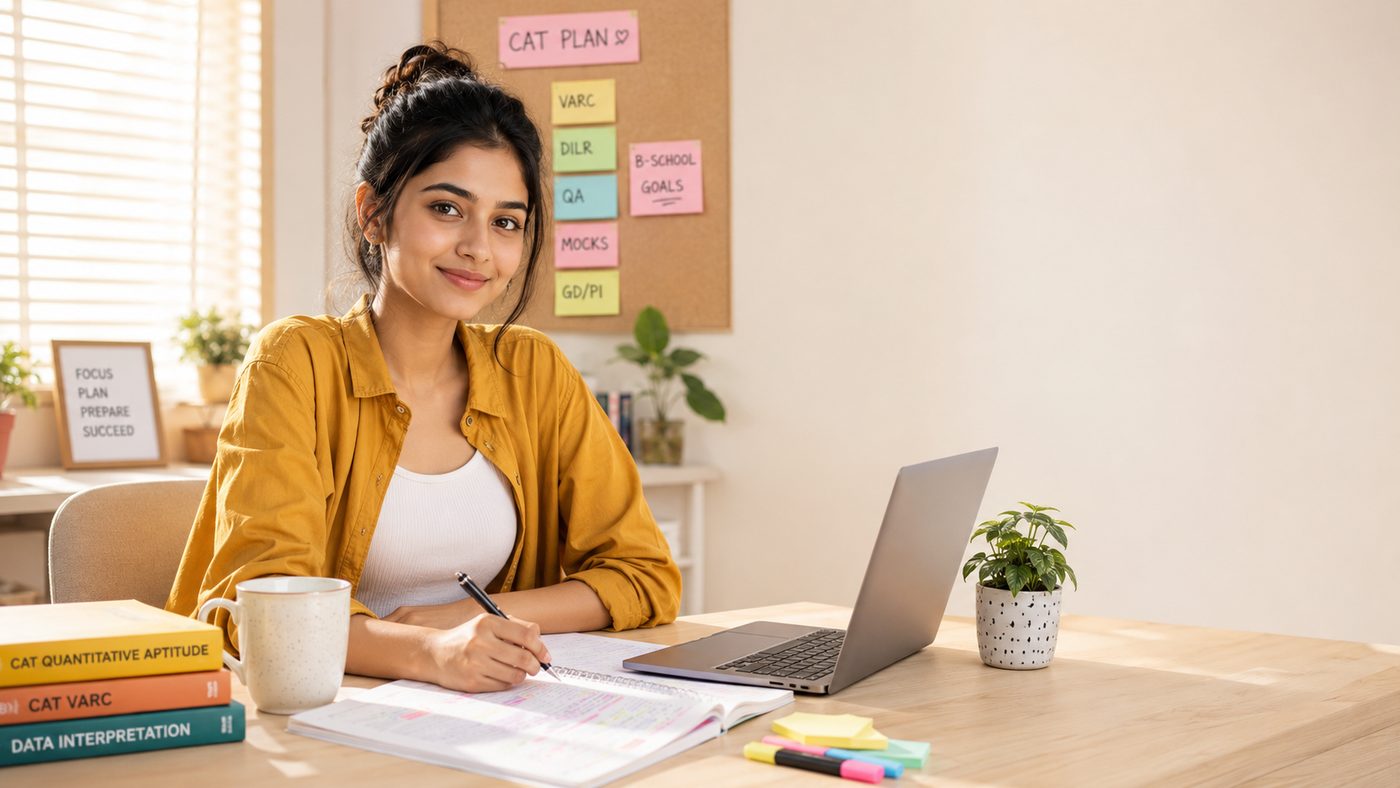 A CAT 2026 aspirant preparing at her desk with a laptop and mock-test notes